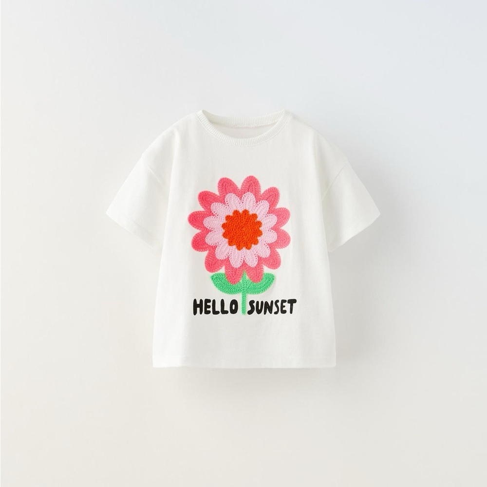 NWT Zara 9-12m crocheted flower short sleeve shirt top hello sunset text cotton